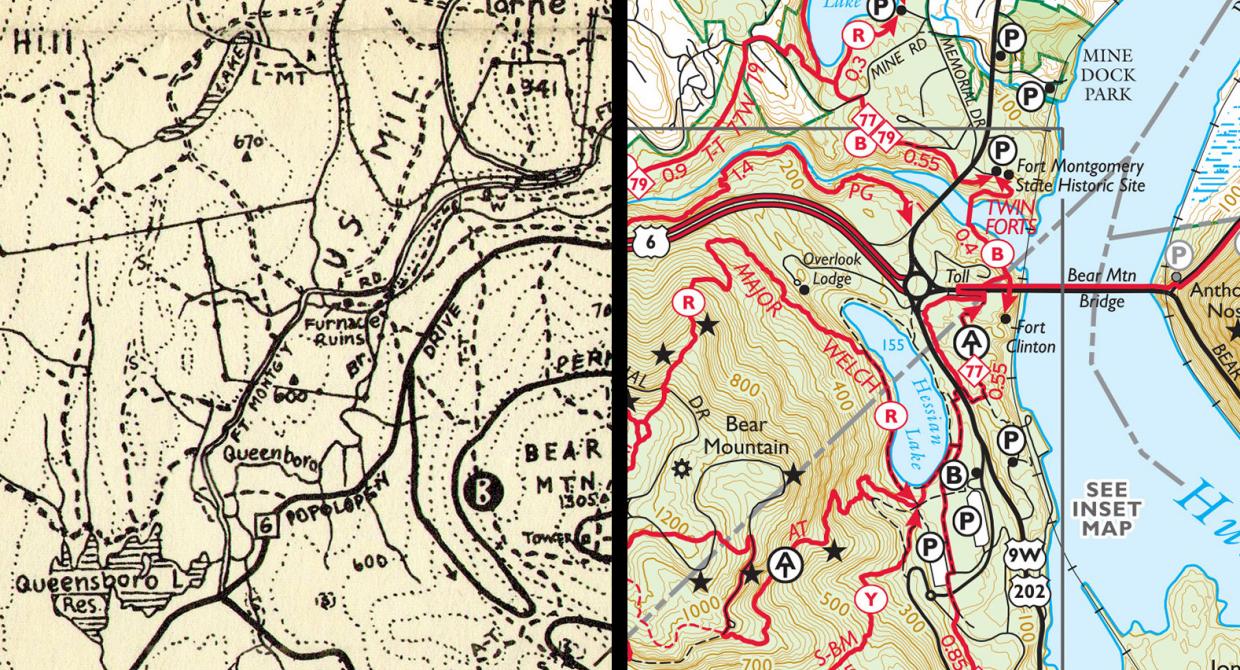 Comparing the history of trail maps. Left: 1934. Right: 2017. Graphic by Jeremy Apgar.